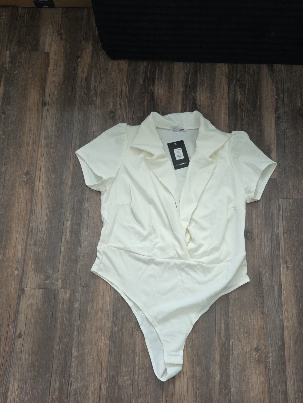 Cream Short-Sleeve Wrap Bodysuit - Women One Piece